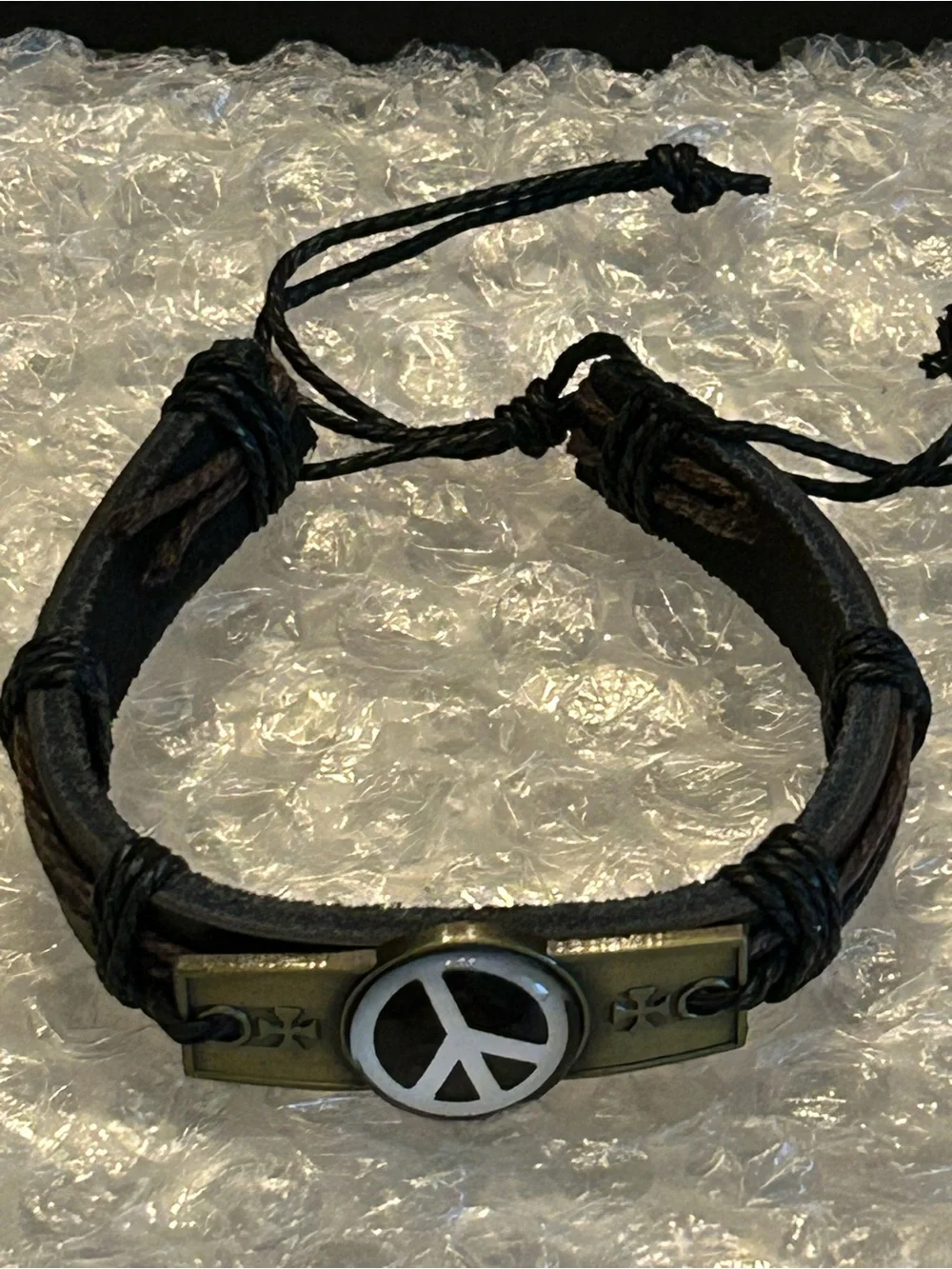 Men's Brown or Black Leather Peace Sign Adjustable Bracelet wAntique Metal Plate